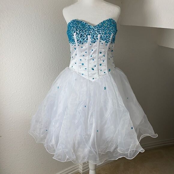 Women’s White Blue Beading Short Cocktail Prom Party Dress Corset Back Size 8 - Picture 1 of 11